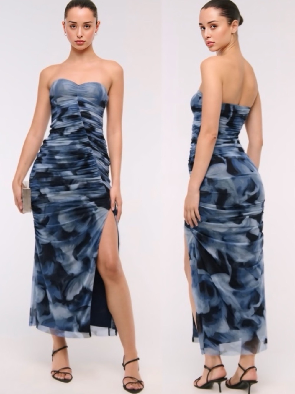 NWT Abercrombie & Fitch Strapless Ruched Mesh Maxi Dress Blue Pattern